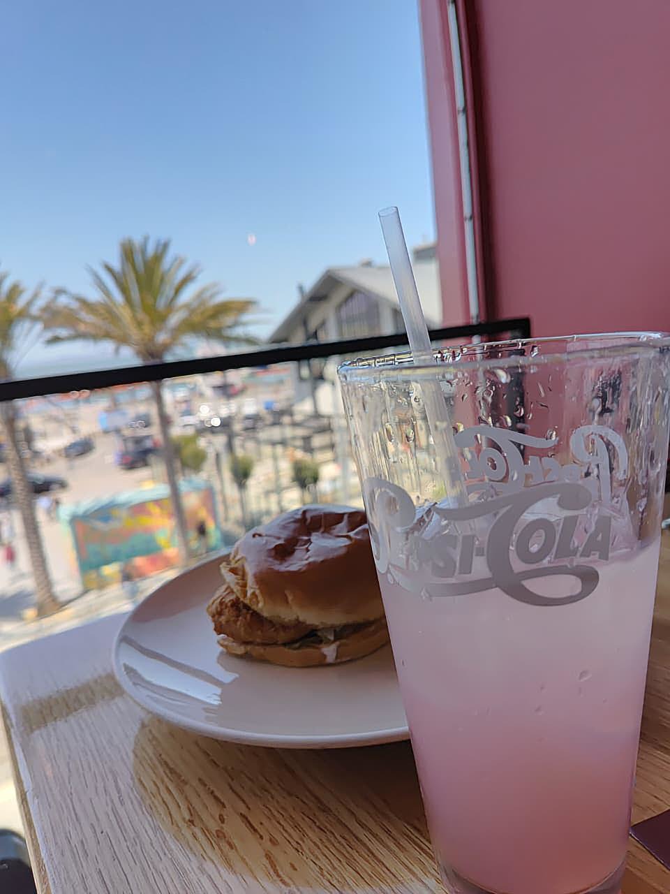 Chicken burger and watermelon juice